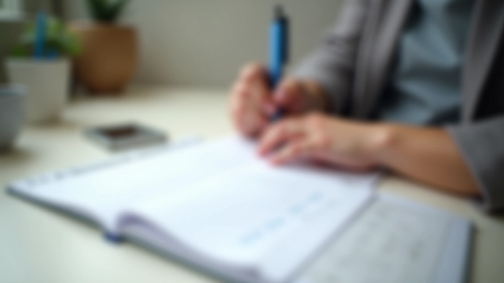 Person writing expenses in notebook with pen, desk setup with financial documents