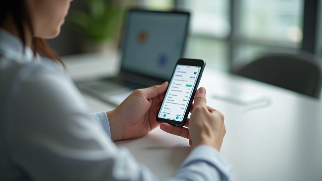 Mobile phone displaying budgeting app interface, hands holding phone at desk, modern workspace background