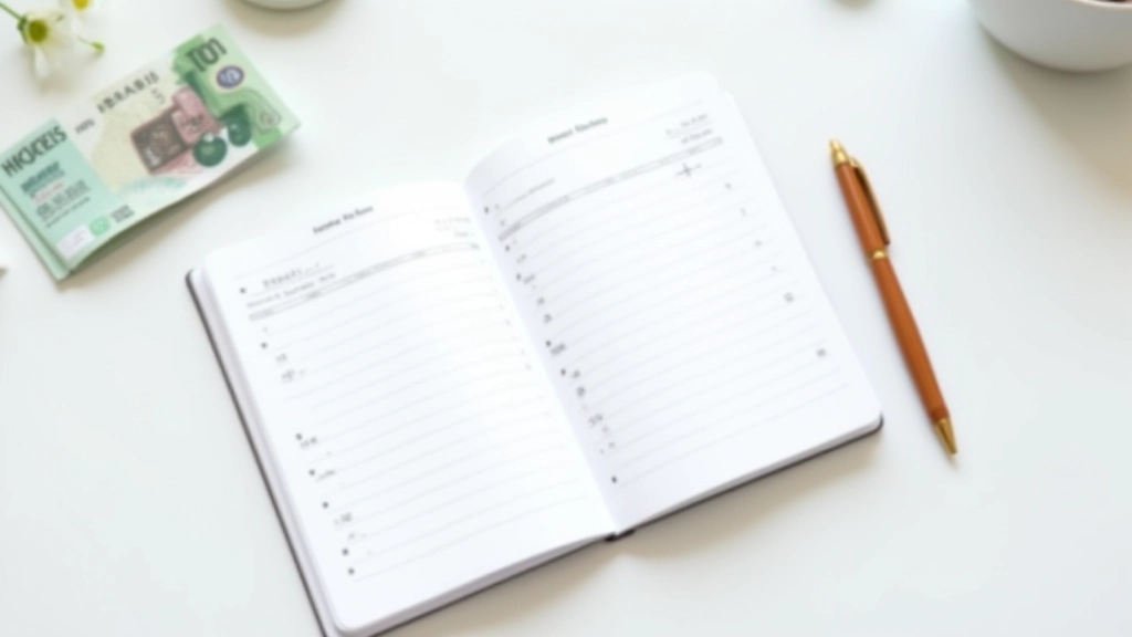 Minimalist notebook open with expense categories listed, pen nearby, Hong Kong currency visible, clean desk setup