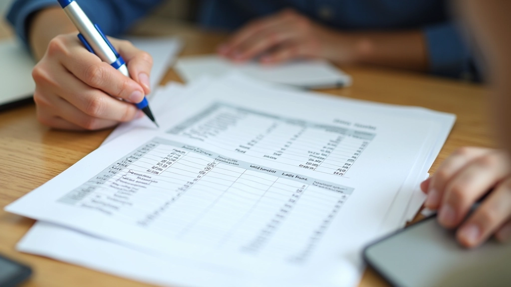 Monthly bank statement printed on paper with pen highlighting different expense categories