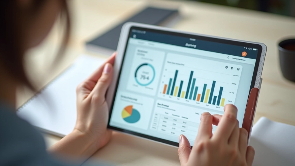 Dashboard view showing spending categories with pie chart and transaction breakdown on tablet screen