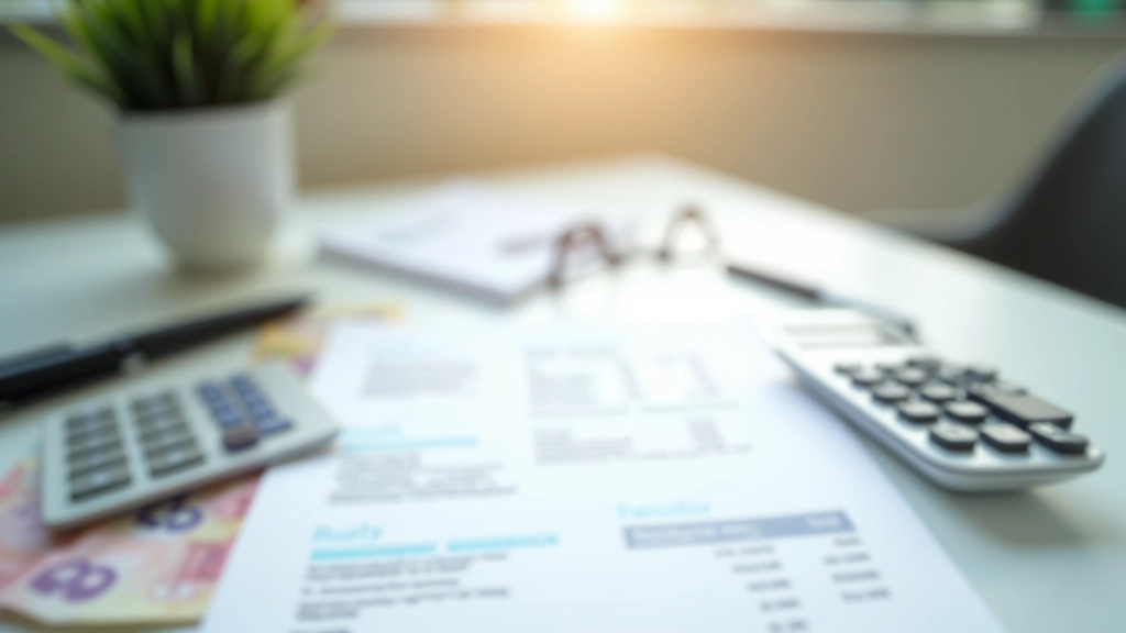 Modern desk with financial planning documents, calculator, and Hong Kong currency notes in natural lighting